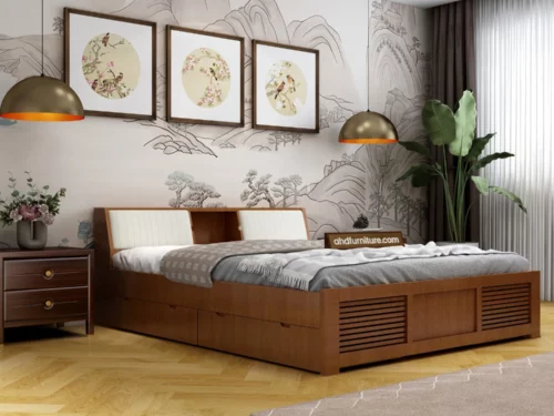 Iris Queen Size Bed With Full Storage In Teak Wood